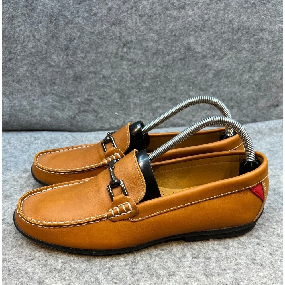 FootJoy Mens Tan Leather Bit Loafers Slip On Shoes Brown Red Accents Size 8.5